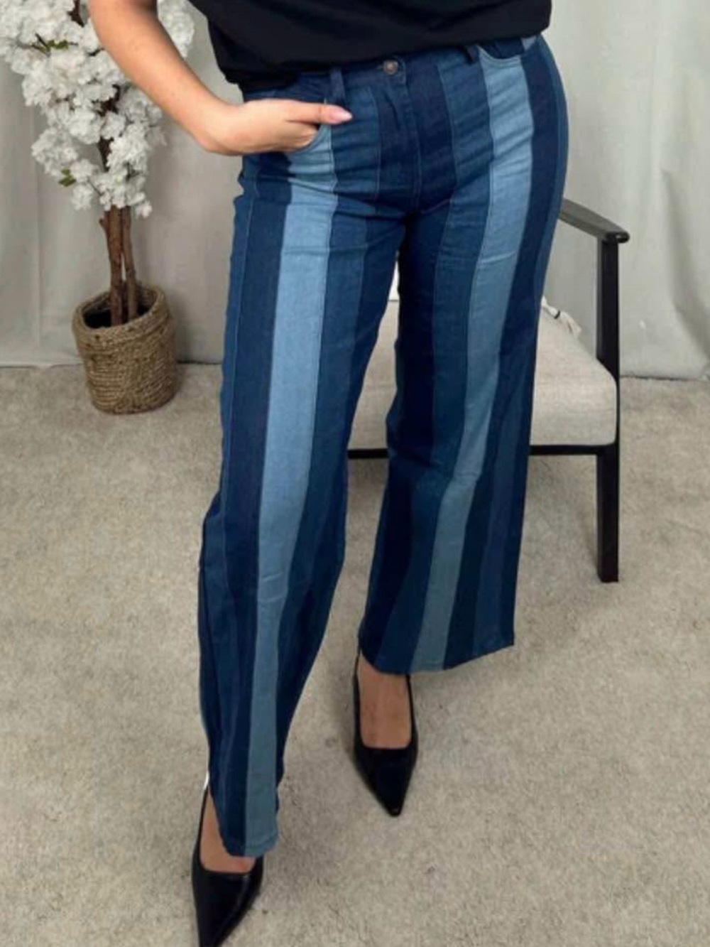 Striped Two-Tone Blue Wide-Leg Jeans